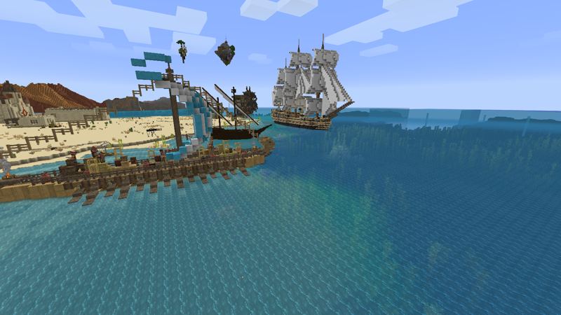 Barco mercante antiguo con remos y vela de rayas azules y blancas; al fondo, una fragata de velas blancas