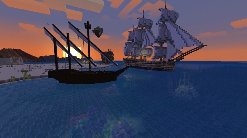 Un barco oscuro de velas latinas y una fragata de velas blancas navegando al atardecer