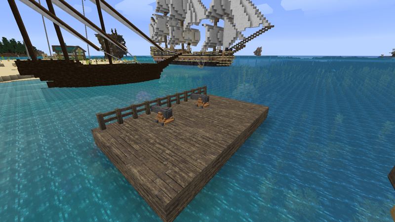 Plataforma de madera en el agua con dos cañones y una cerca