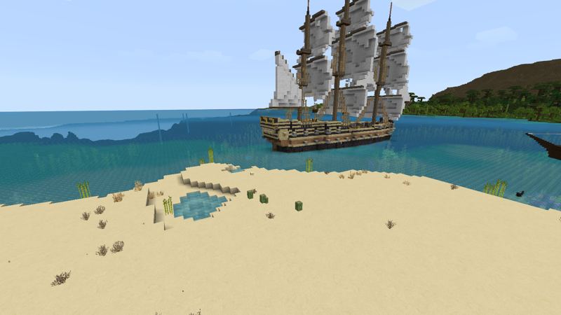 Una fragata pirata de tres mástiles con velas blancas anclada frente a una playa de arena